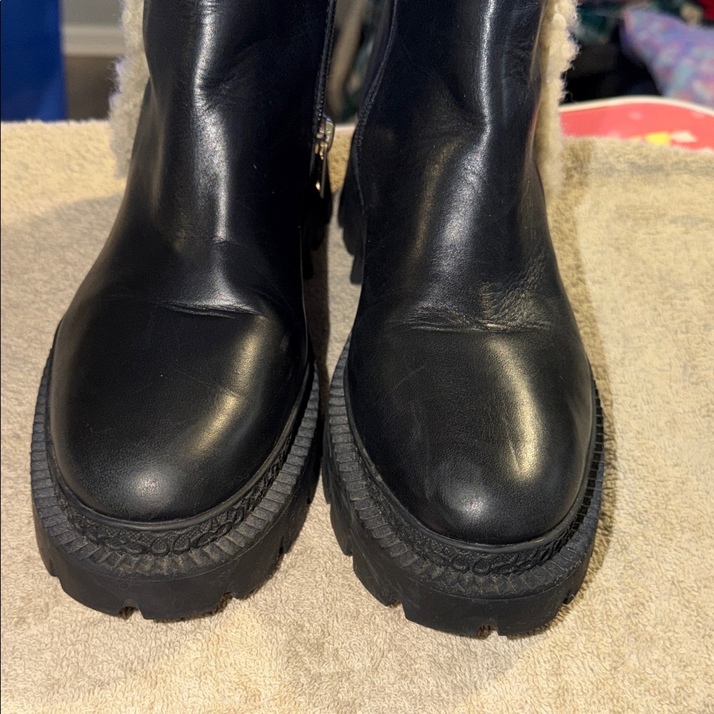 Coach Black Leather Lace-Up Platform Boots with Cream Shearling Trim - Picture 11 of 11